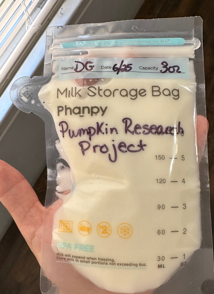Milk storage bag labelled for the PumpKin research project